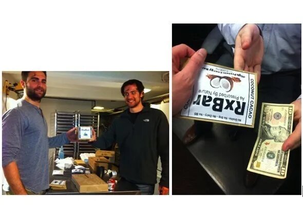 2 owners holding an RXBAR. A customer purchasing an RXBAR.