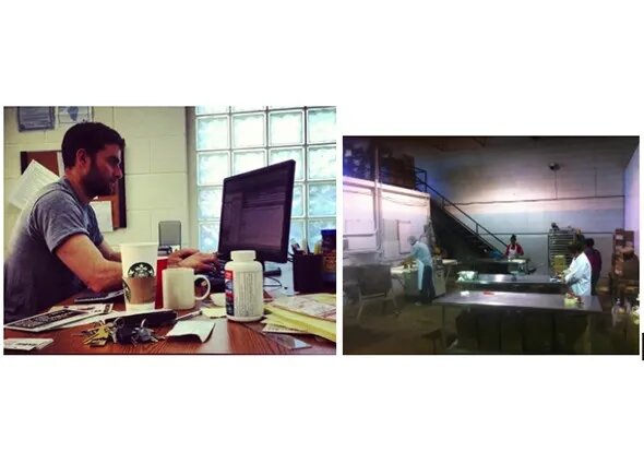 An owner working at a desk. Workers packaging RXBARS.